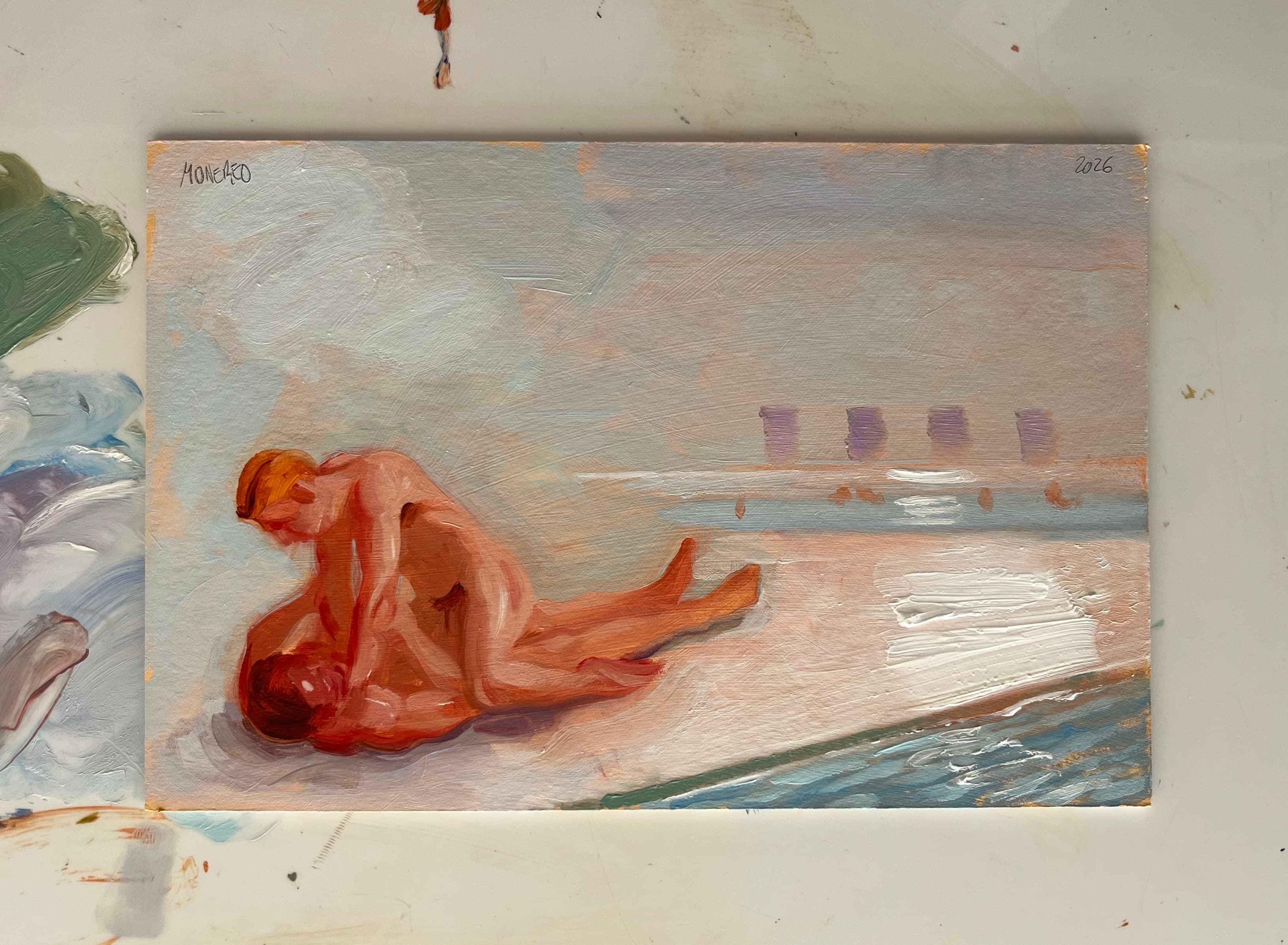 Caín mata a Abel en las termas, Óleo sobre cartón, 20 x 30 cm, 2026, Antonio Monereo