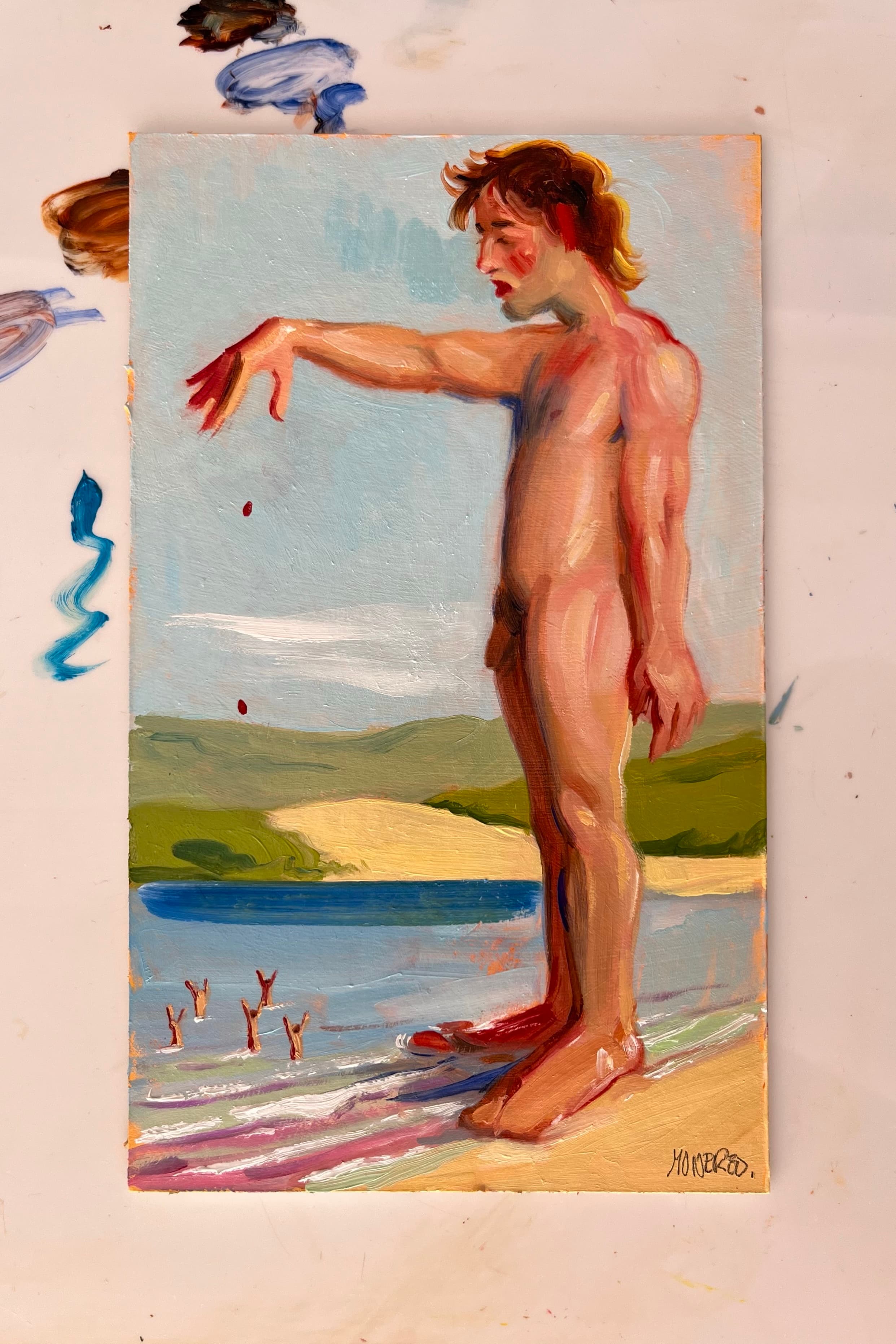 Coloso dando de comer a los bañistas, Óleo sobre cartón, 25 x 15 cm, 2026, Antonio Monereo